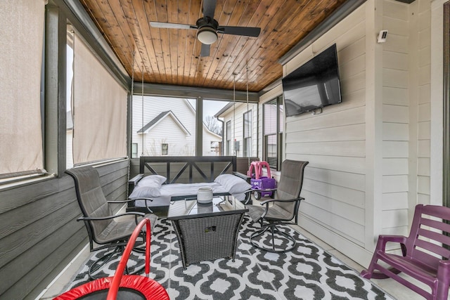 sunroom / solarium featuring ceiling fan and wooden ceiling