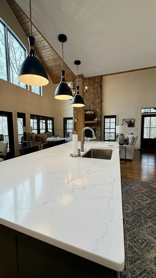 kitchen featuring decorative light fixtures, a healthy amount of sunlight, a fireplace, and sink