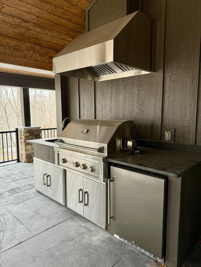 kitchen with lofted ceiling, wall chimney exhaust hood, and wood ceiling