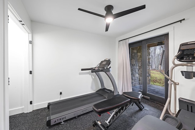 exercise room with ceiling fan