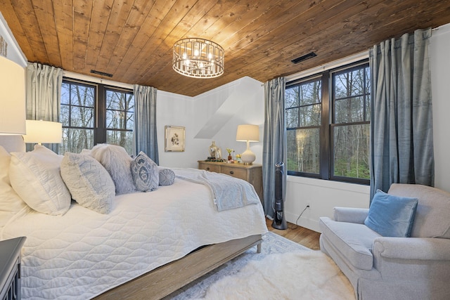 bedroom featuring multiple windows, a notable chandelier, wood-type flooring, and wooden ceiling