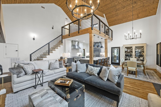 living room with a notable chandelier, wood ceiling, hardwood / wood-style floors, and high vaulted ceiling