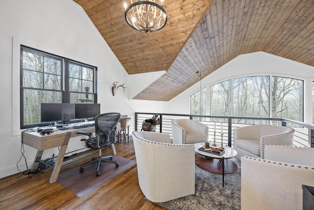 office area featuring lofted ceiling, a chandelier, hardwood / wood-style floors, and wood ceiling