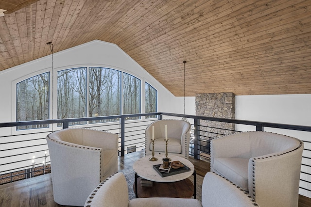 unfurnished room with lofted ceiling and wooden ceiling