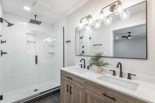 bathroom featuring vanity, ceiling fan, tile patterned floors, and an enclosed shower