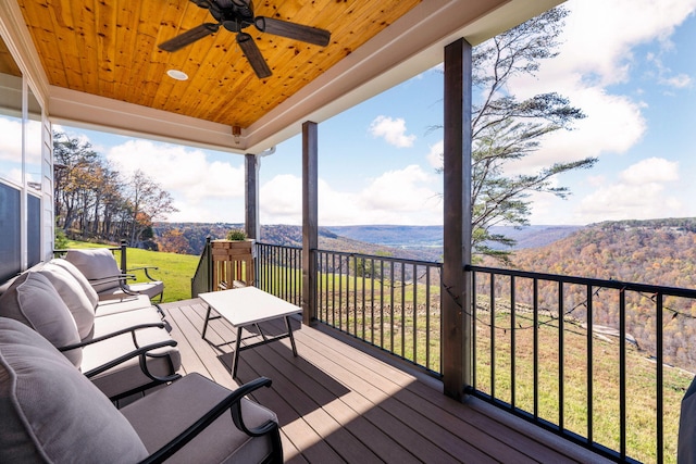 3745 Raulston Falls Rd, Jasper, TN 37347 - deck with an outdoor living space, a mountain view, a yard, and ceiling fan