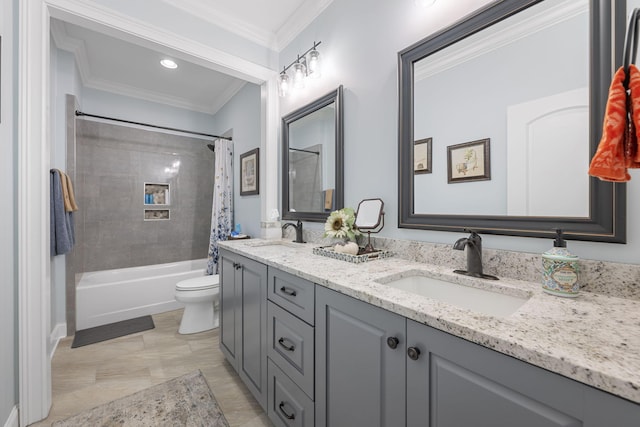 3745 Raulston Falls Rd, Jasper, TN 37347 - full bathroom with crown molding, toilet, shower / bath combination with curtain, and vanity