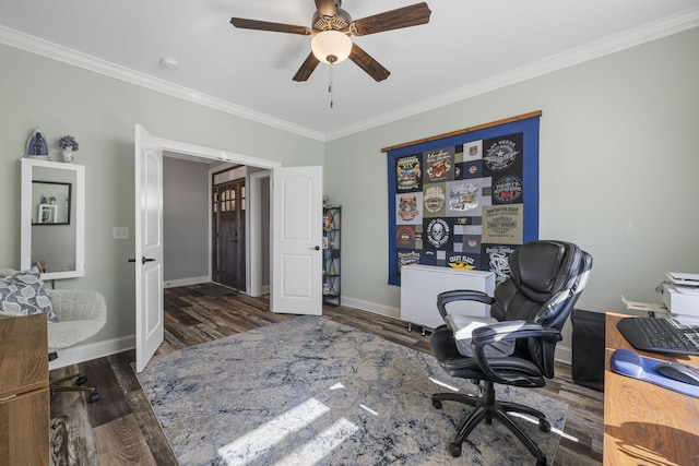 3745 Raulston Falls Rd, Jasper, TN 37347 - office area with crown molding, ceiling fan, and dark hardwood / wood-style flooring