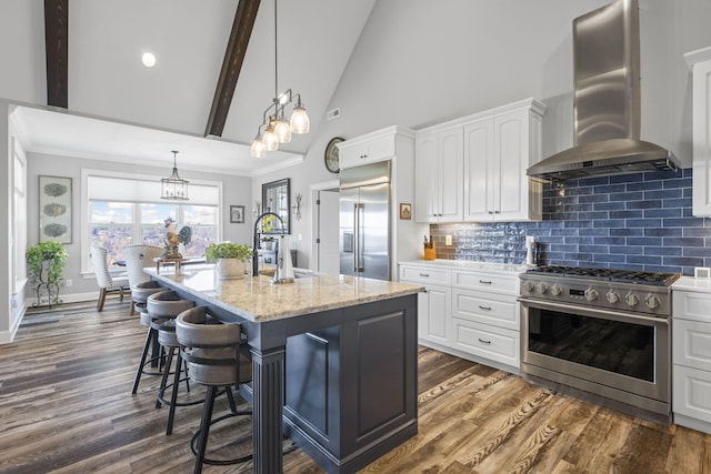 3745 Raulston Falls Rd, Jasper, TN 37347 - kitchen featuring high quality appliances, light stone countertops, white cabinets, a center island with sink, and wall chimney exhaust hood