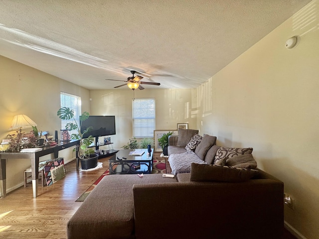 living room featuring a textured ceiling, ceiling fan, plenty of natural light, and wood-type flooring