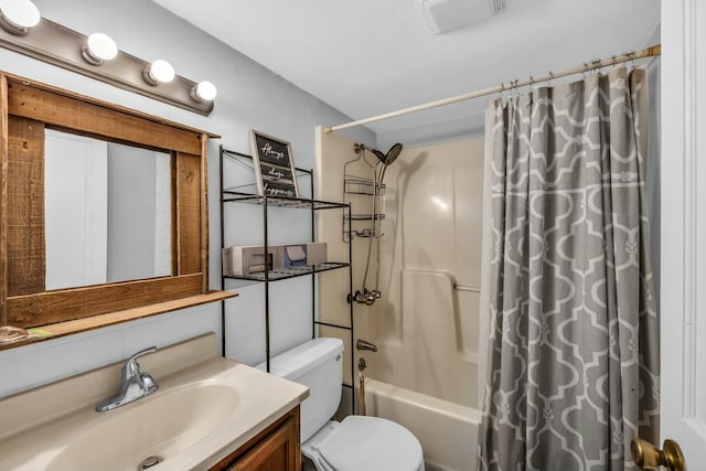 full bathroom with toilet, shower / tub combo, and vanity