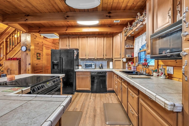 kitchen with sink, light wood-type flooring, black fridge with ice dispenser, range with electric cooktop, and tile counters