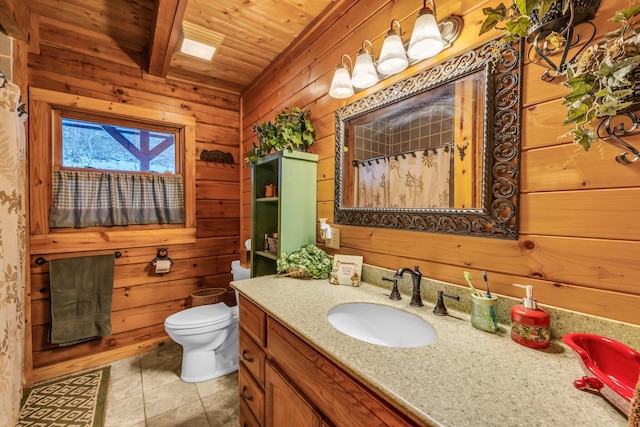 bathroom featuring toilet, wood walls, wooden ceiling, tile patterned floors, and vanity