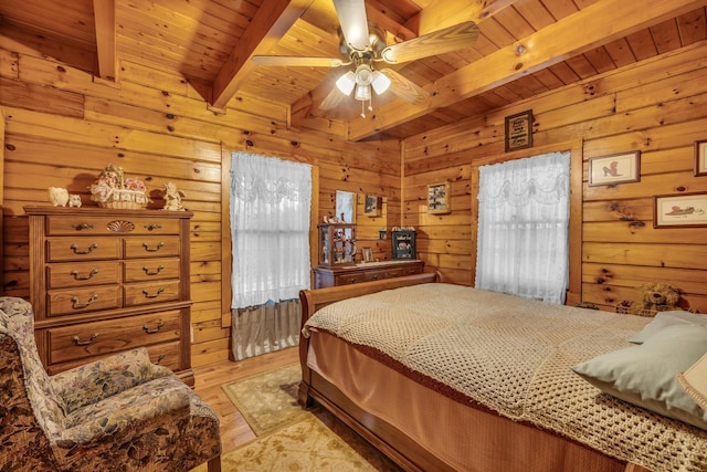 bedroom featuring ceiling fan, beam ceiling, wood ceiling, and wooden walls