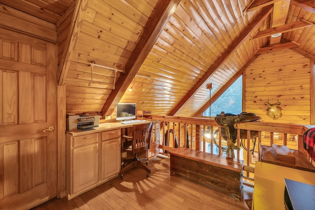 office featuring built in desk, vaulted ceiling with beams, light wood-type flooring, and wood ceiling