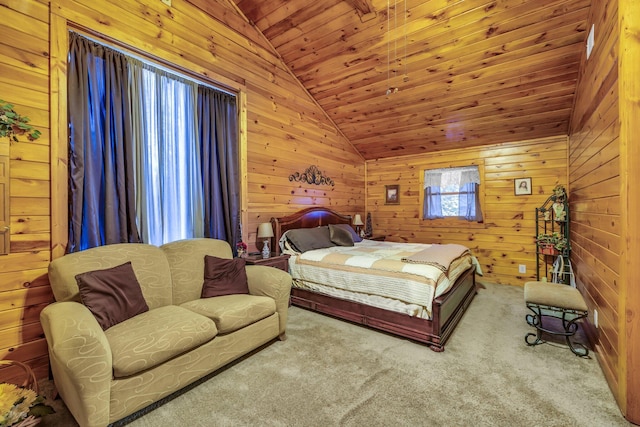 bedroom with lofted ceiling, wood ceiling, light colored carpet, and wooden walls