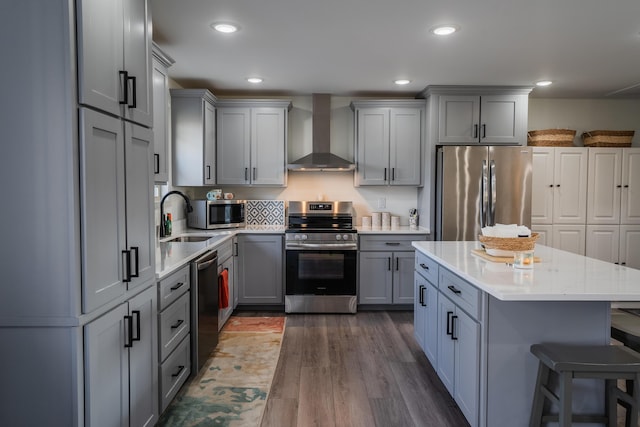 kitchen featuring sink, appliances with stainless steel finishes, gray cabinetry, wall chimney exhaust hood, and dark hardwood / wood-style flooring