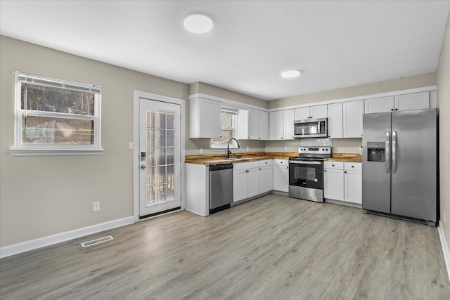 kitchen with white cabinets, light wood-type flooring, appliances with stainless steel finishes, and butcher block countertops