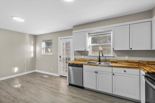 kitchen featuring wood counters, stainless steel dishwasher, white cabinets, and sink