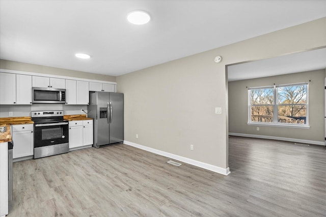 kitchen featuring white cabinets, butcher block countertops, light wood-type flooring, and stainless steel appliances