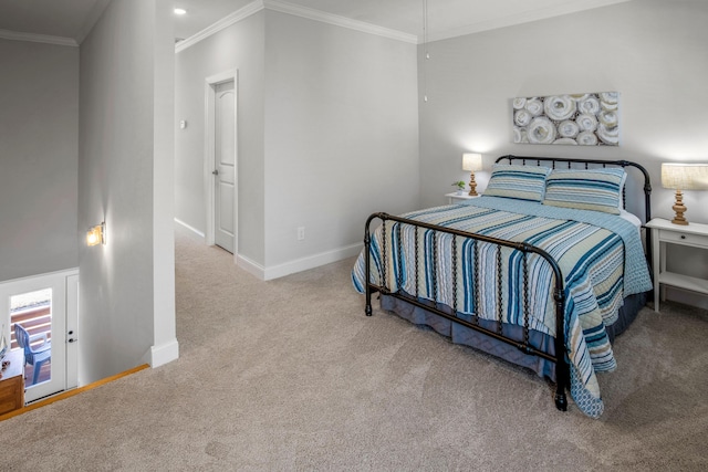 carpeted bedroom featuring ornamental molding