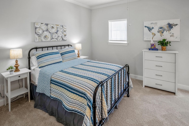 carpeted bedroom featuring ornamental molding