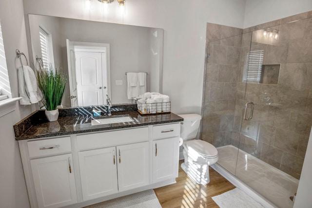 bathroom featuring vanity, toilet, hardwood / wood-style flooring, and a shower with door