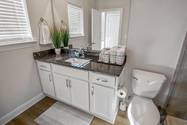 bathroom featuring toilet, hardwood / wood-style flooring, and vanity