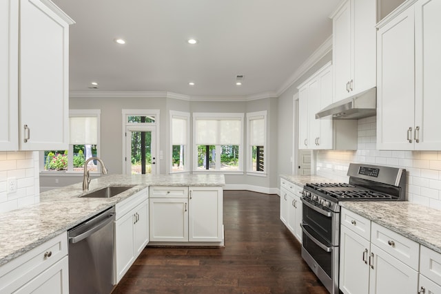 kitchen featuring dark hardwood / wood-style floors, sink, appliances with stainless steel finishes, white cabinets, and light stone counters