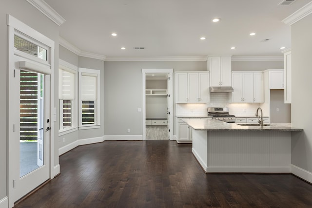 kitchen with stainless steel range oven, white cabinetry, sink, ornamental molding, and light stone counters