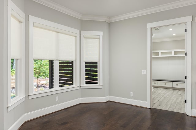 empty room featuring dark wood-type flooring and crown molding