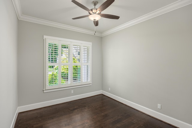 unfurnished room featuring ceiling fan, dark hardwood / wood-style floors, and ornamental molding