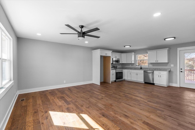 kitchen with a wealth of natural light, white cabinets, dark hardwood / wood-style flooring, and stainless steel appliances