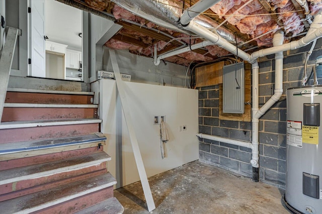 basement with water heater and electric panel