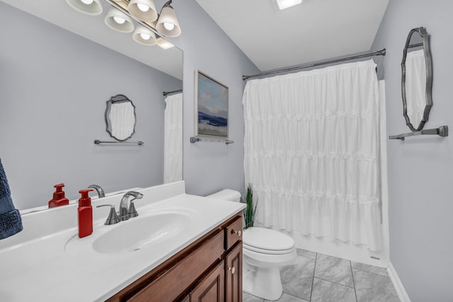 full bathroom featuring shower / tub combo, vanity, and toilet