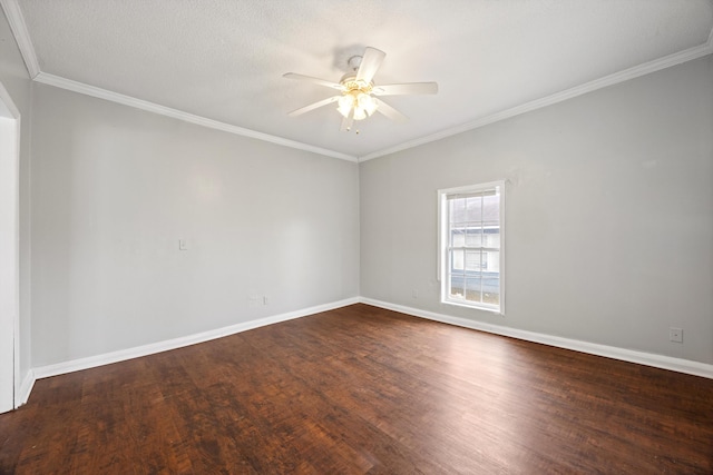 empty room featuring crown molding, ceiling fan, and dark hardwood / wood-style flooring