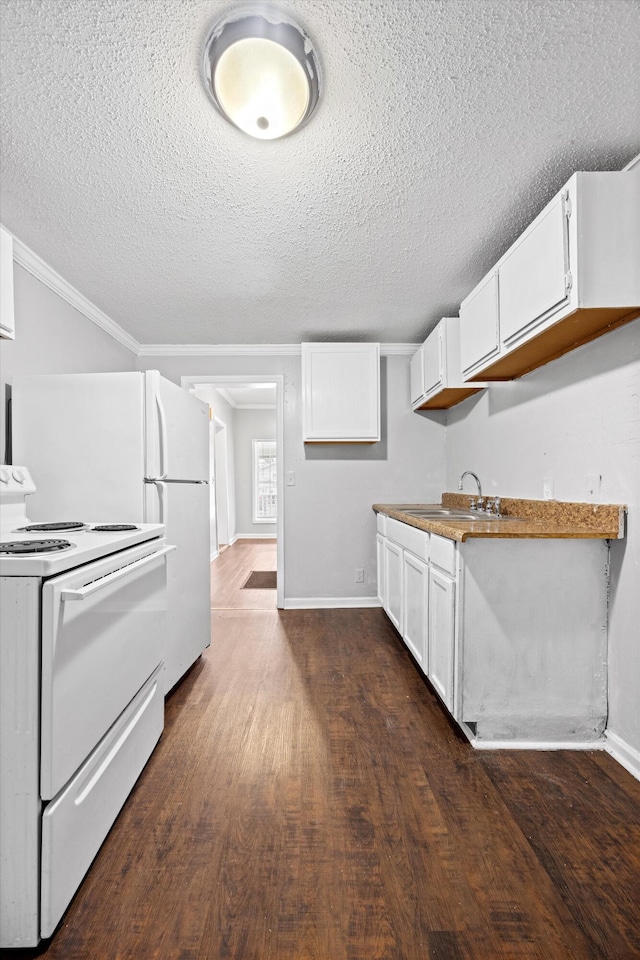 kitchen with crown molding, white cabinetry, sink, white range with electric stovetop, and dark hardwood / wood-style floors