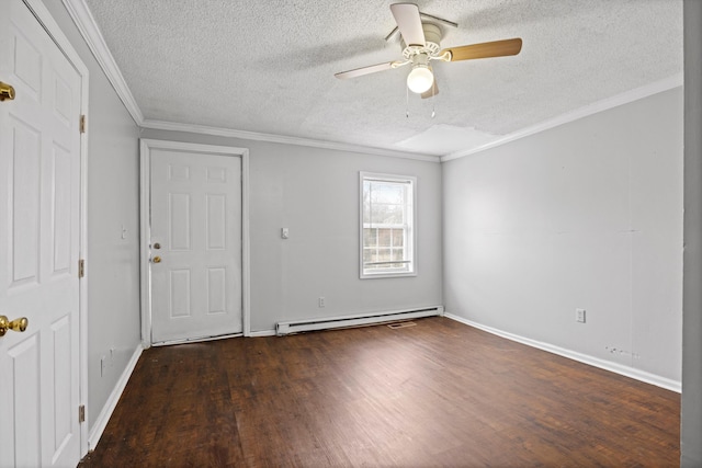 unfurnished room with crown molding, a baseboard radiator, dark wood-type flooring, and ceiling fan