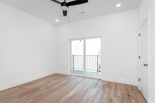 unfurnished room with ceiling fan and light hardwood / wood-style flooring