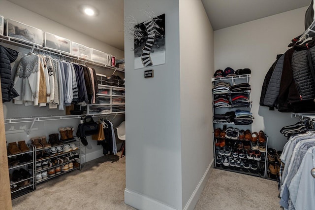 spacious closet featuring light carpet