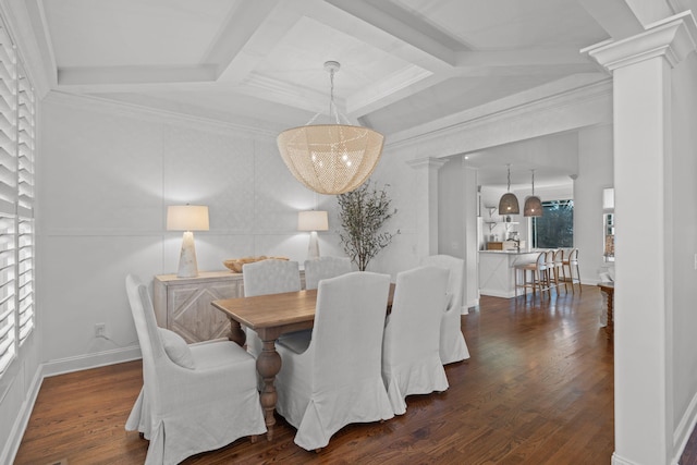 dining space with ornate columns, coffered ceiling, dark wood-type flooring, ornamental molding, and a chandelier