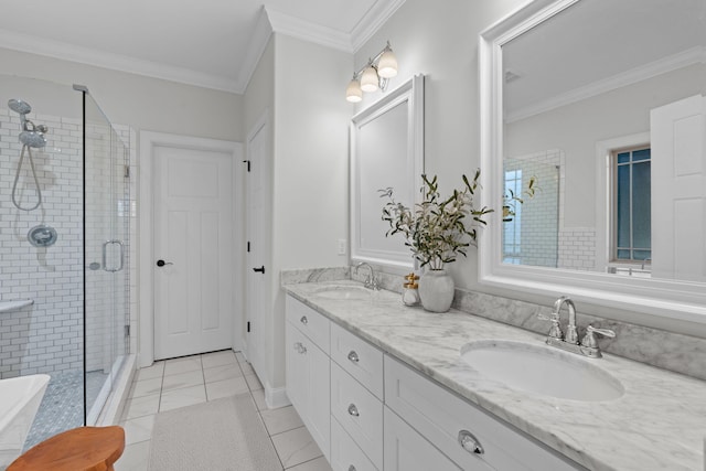 bathroom featuring walk in shower, crown molding, vanity, and tile patterned flooring