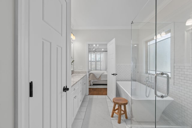 bathroom featuring tile walls, tile patterned floors, crown molding, and shower with separate bathtub