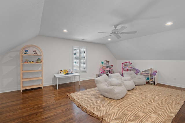 rec room featuring ceiling fan, hardwood / wood-style floors, and vaulted ceiling