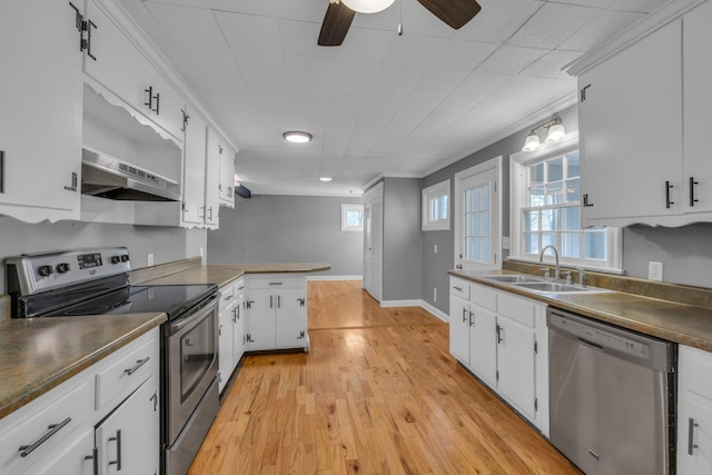 kitchen with white cabinets, appliances with stainless steel finishes, light hardwood / wood-style flooring, and sink