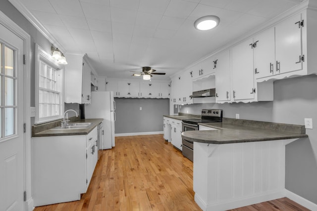 kitchen featuring white cabinetry, sink, stainless steel electric range oven, light hardwood / wood-style flooring, and crown molding