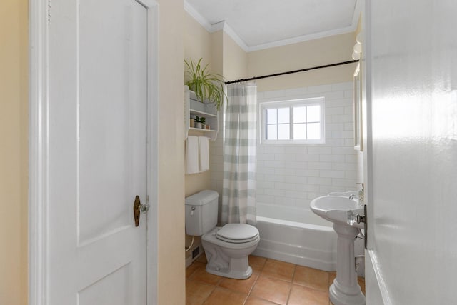 bathroom featuring shower / tub combo, tile patterned flooring, ornamental molding, and toilet