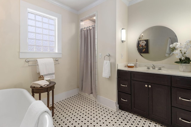 bathroom featuring ornamental molding, shower with separate bathtub, vanity, and tile patterned floors