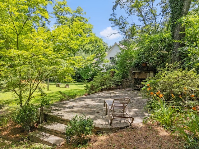 608 Texas Ave, Signal Mountain, TN 37377 - view of green lawn featuring an outdoor stone fireplace and a patio