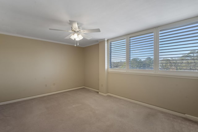 unfurnished room featuring ceiling fan, ornamental molding, and light carpet